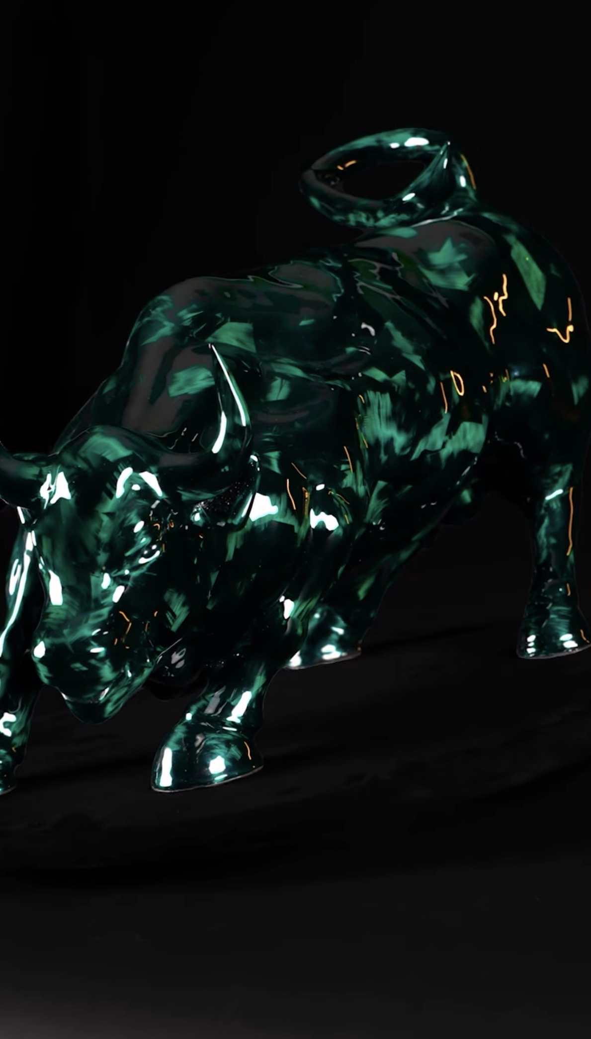 Bull sculpture, emerald over forged carbon
