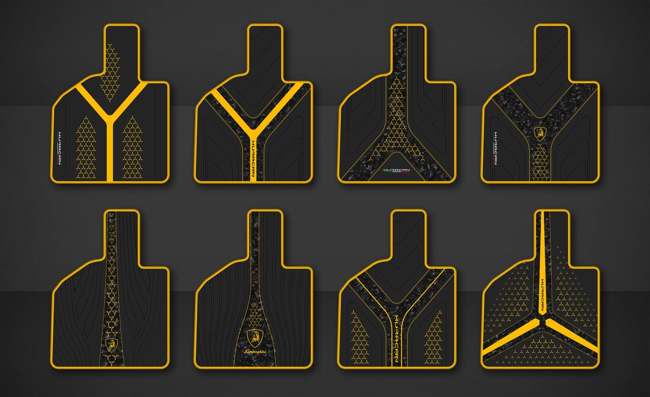 Custom design options for Lamborghini mats, with forged carbon fiber plate variations