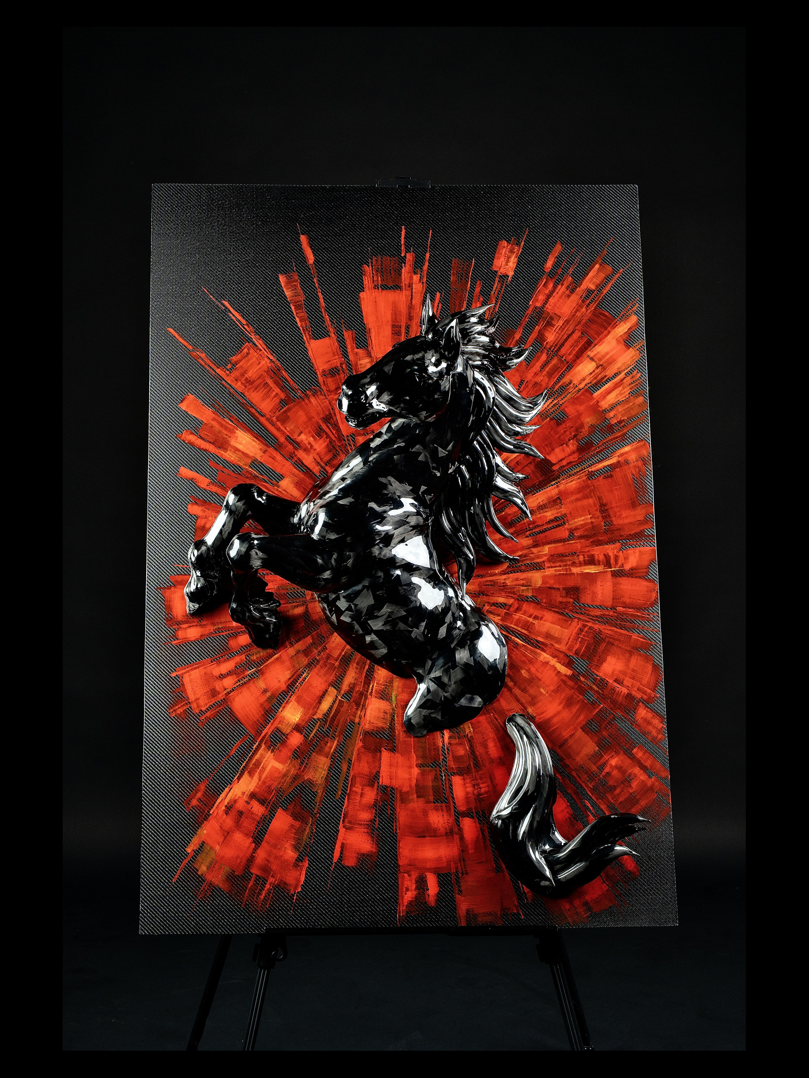 Rearing horse in forged carbon fiber, wall mounted